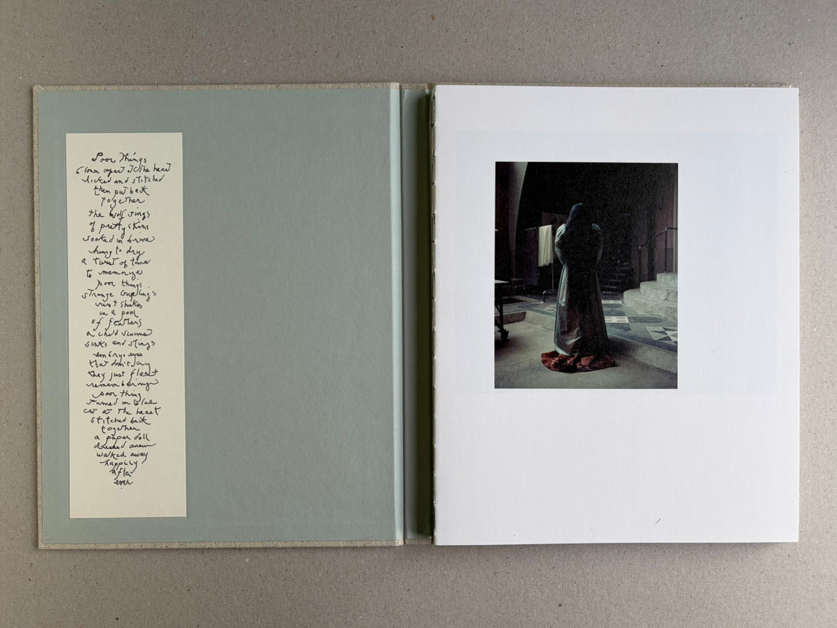 Open book spread from Dear God, the Parthenon is still broken, with a small colour photograph on the right page and a handwritten poem panel on the left.