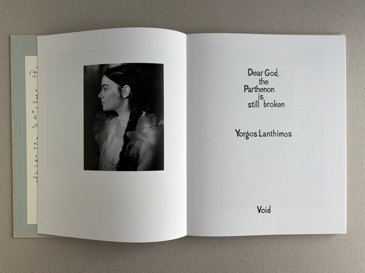 Title spread of Dear God, the Parthenon is still broken by Yorgos Lanthimos, with a black-and-white portrait on the left and the title page on the right.