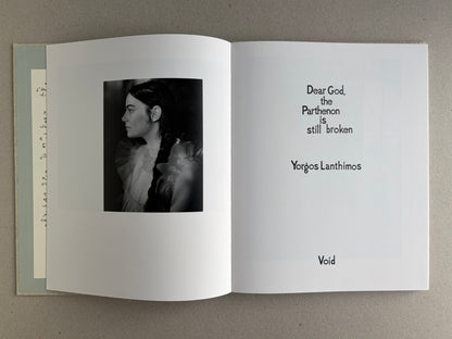 Title spread of Dear God, the Parthenon is still broken by Yorgos Lanthimos, with a black-and-white portrait on the left and the title page on the right.