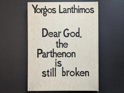 Rear cover with black mask motif on natural linen from “Dear God, the Parthenon is still broken” by Yorgos Lanthimos (Void).