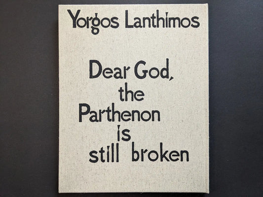 Rear cover with black mask motif on natural linen from “Dear God, the Parthenon is still broken” by Yorgos Lanthimos (Void).