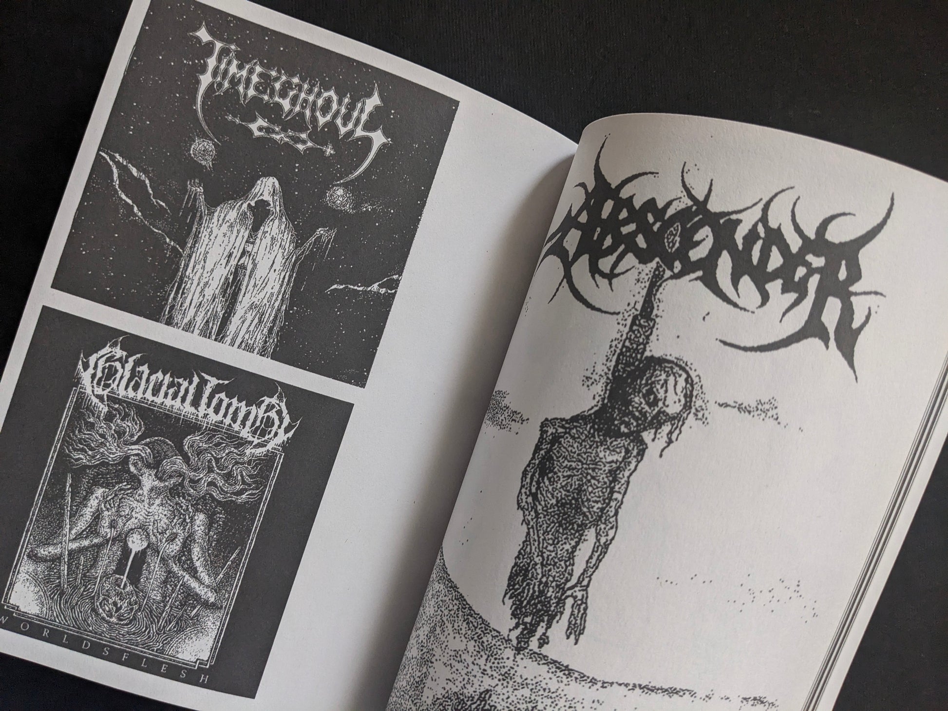 Interior spread showing a grid of album cover reproductions and logo art.