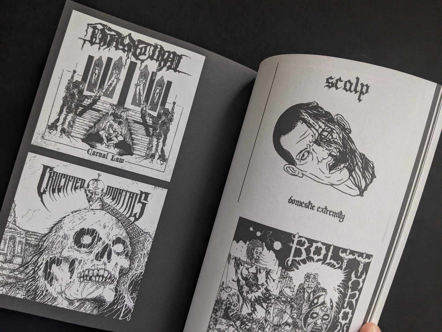 Interior spread with an illustrated portrait graphic and album cover reproductions.