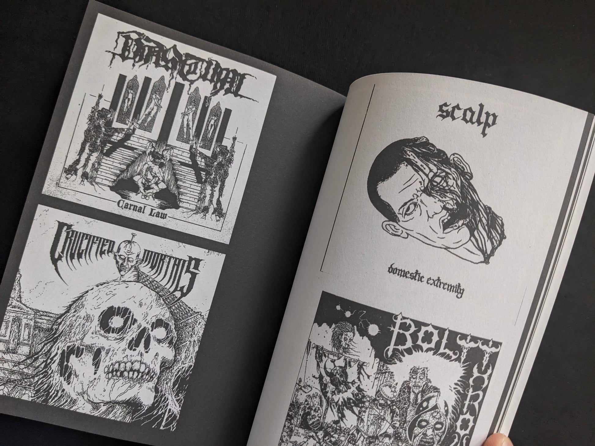 Interior spread with an illustrated portrait graphic and album cover reproductions.