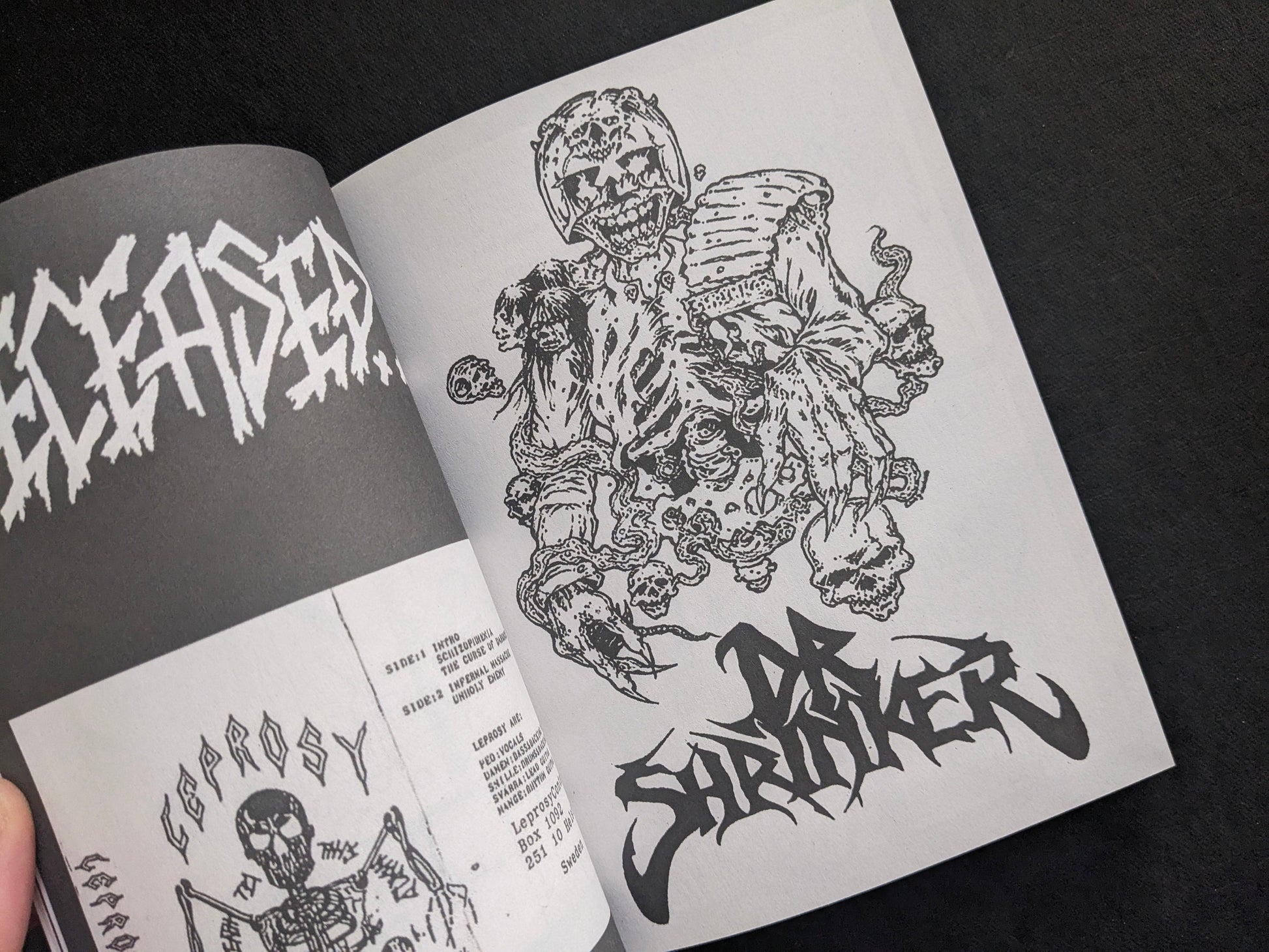 Interior spread with band logos and photocopied artwork.