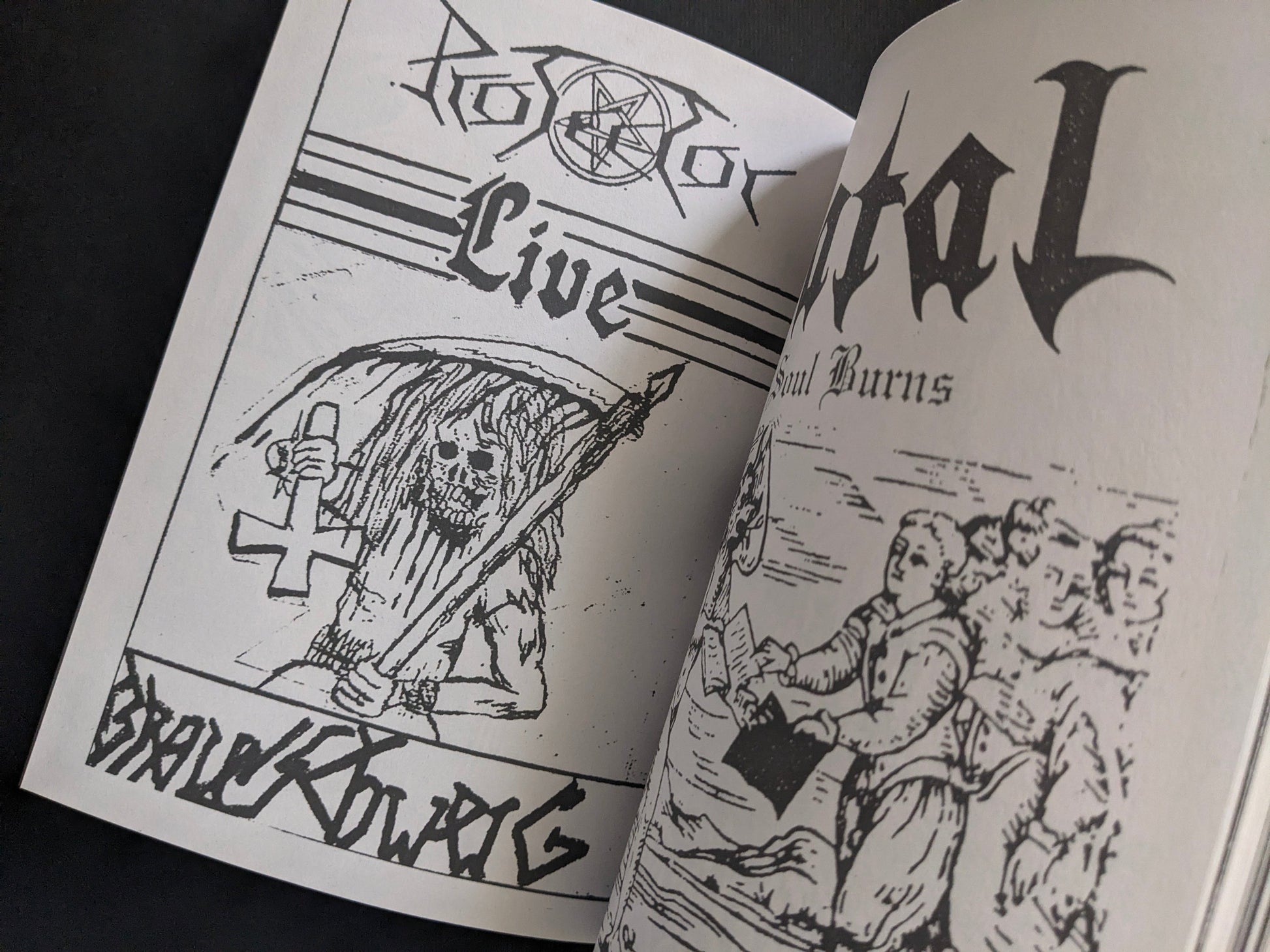 Interior spread with demo tape graphics and band logo blocks.