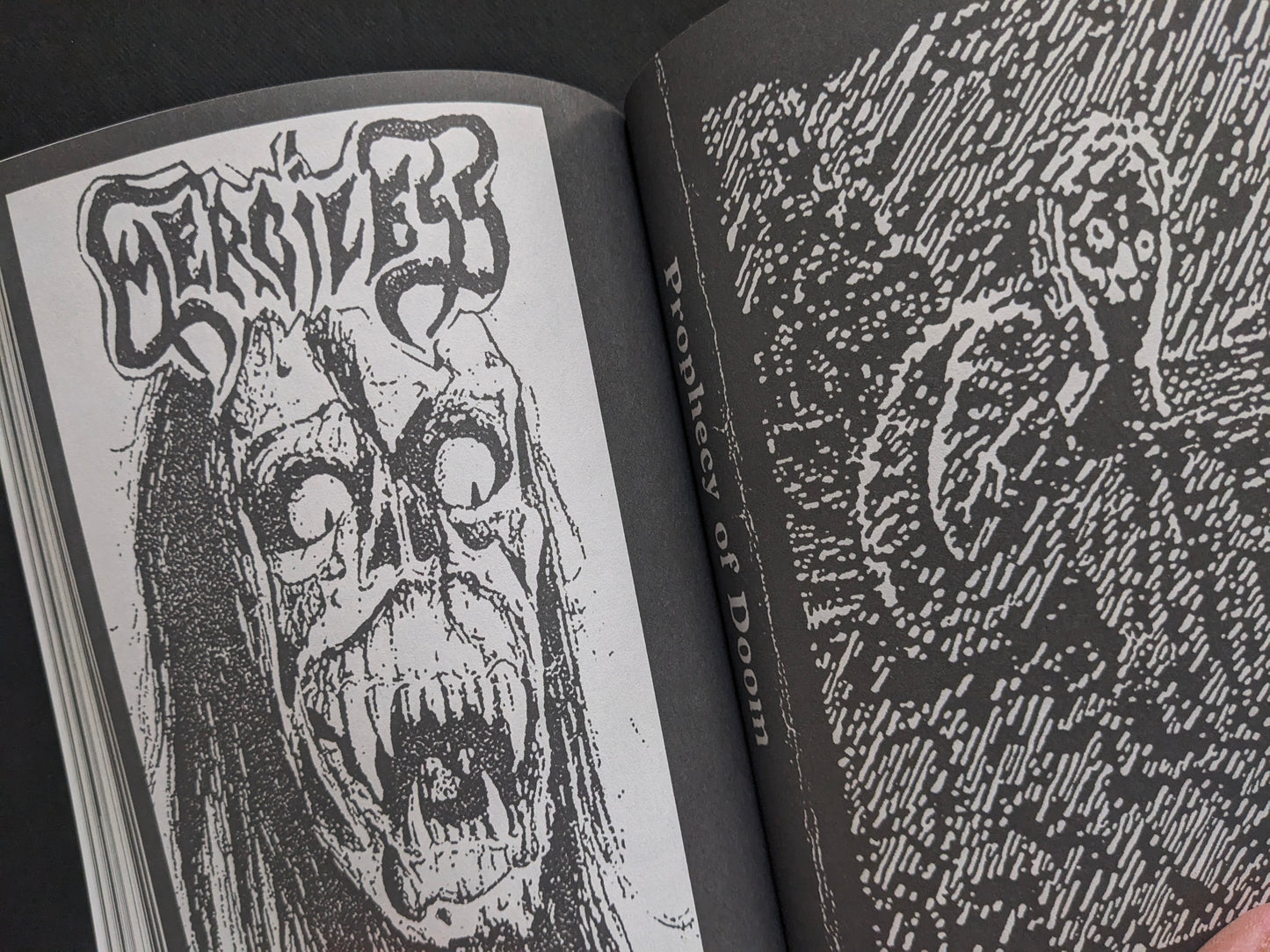 Interior spread with a screaming face illustration and dense black-and-white texture.