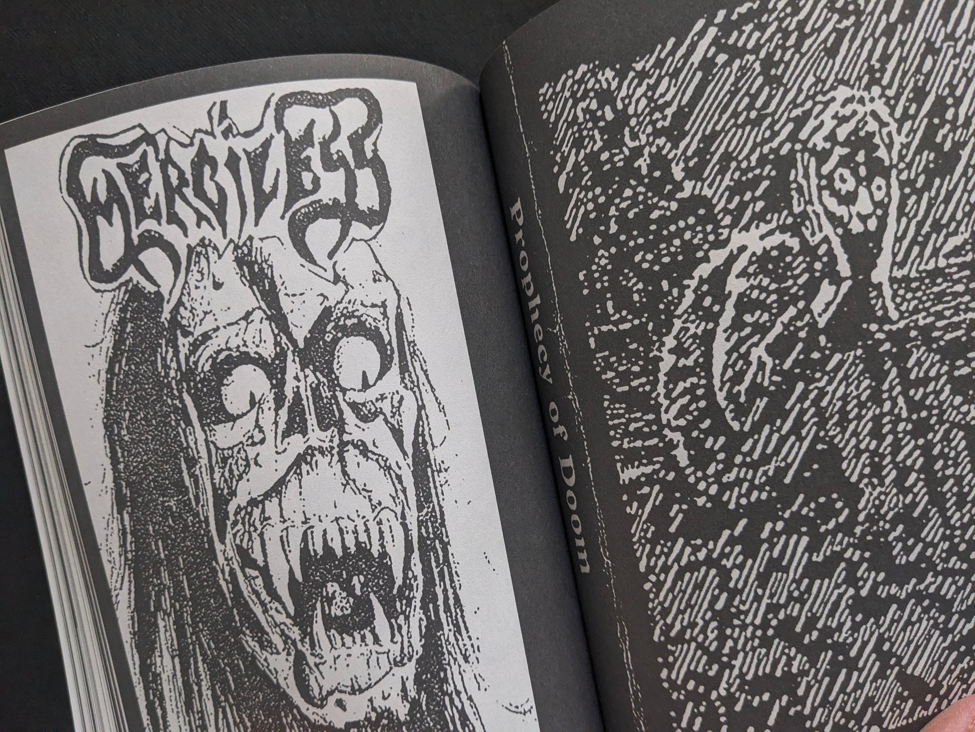 Interior spread with a screaming face illustration and dense black-and-white texture.