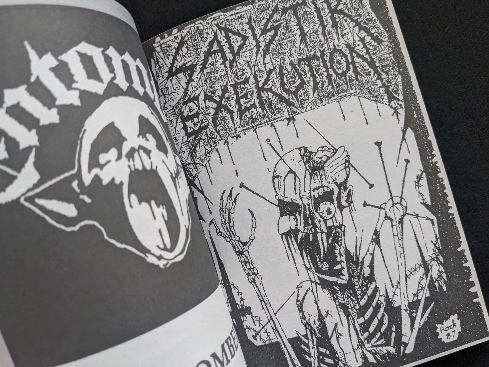 Interior close-up with a skeletal illustration and death metal logo typography.