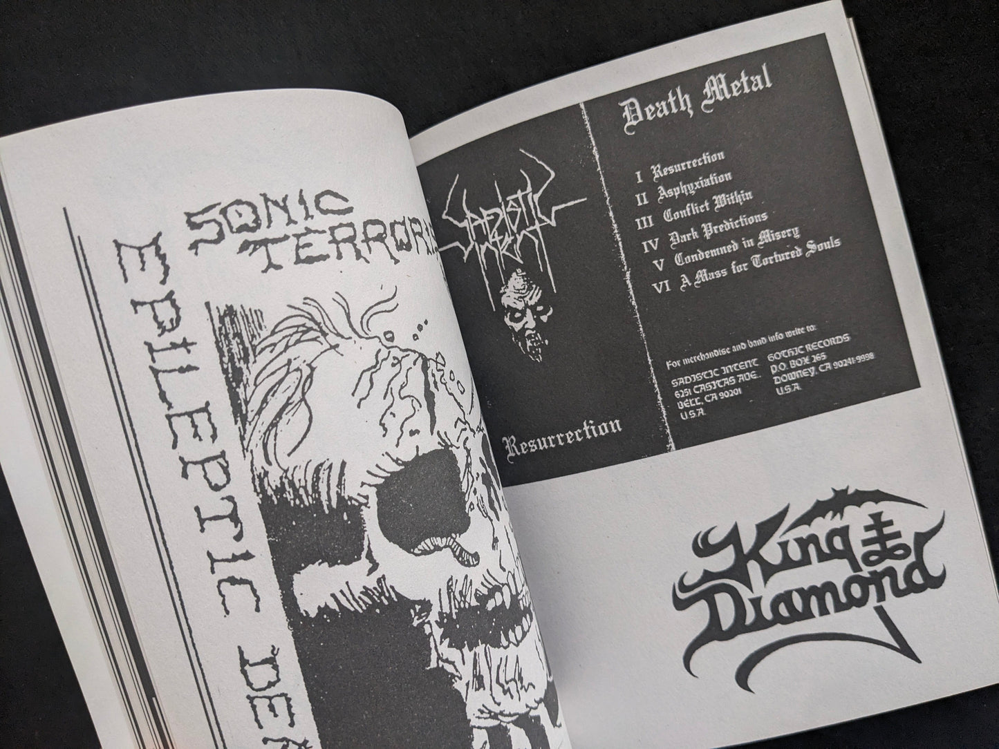 Interior spread with a tracklist-style panel, logos, and photocopy textures.