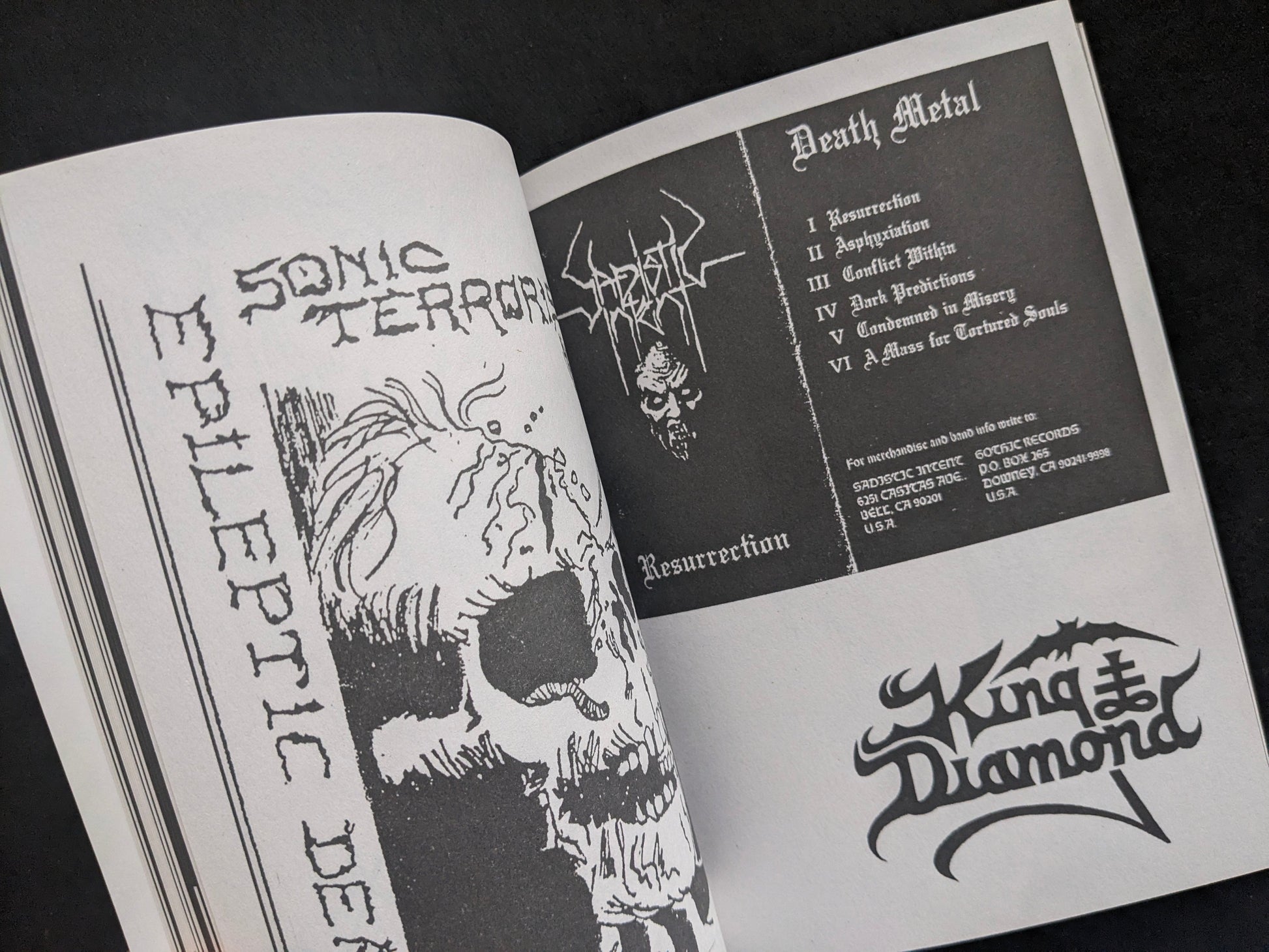 Interior spread with a tracklist-style panel, logos, and photocopy textures.