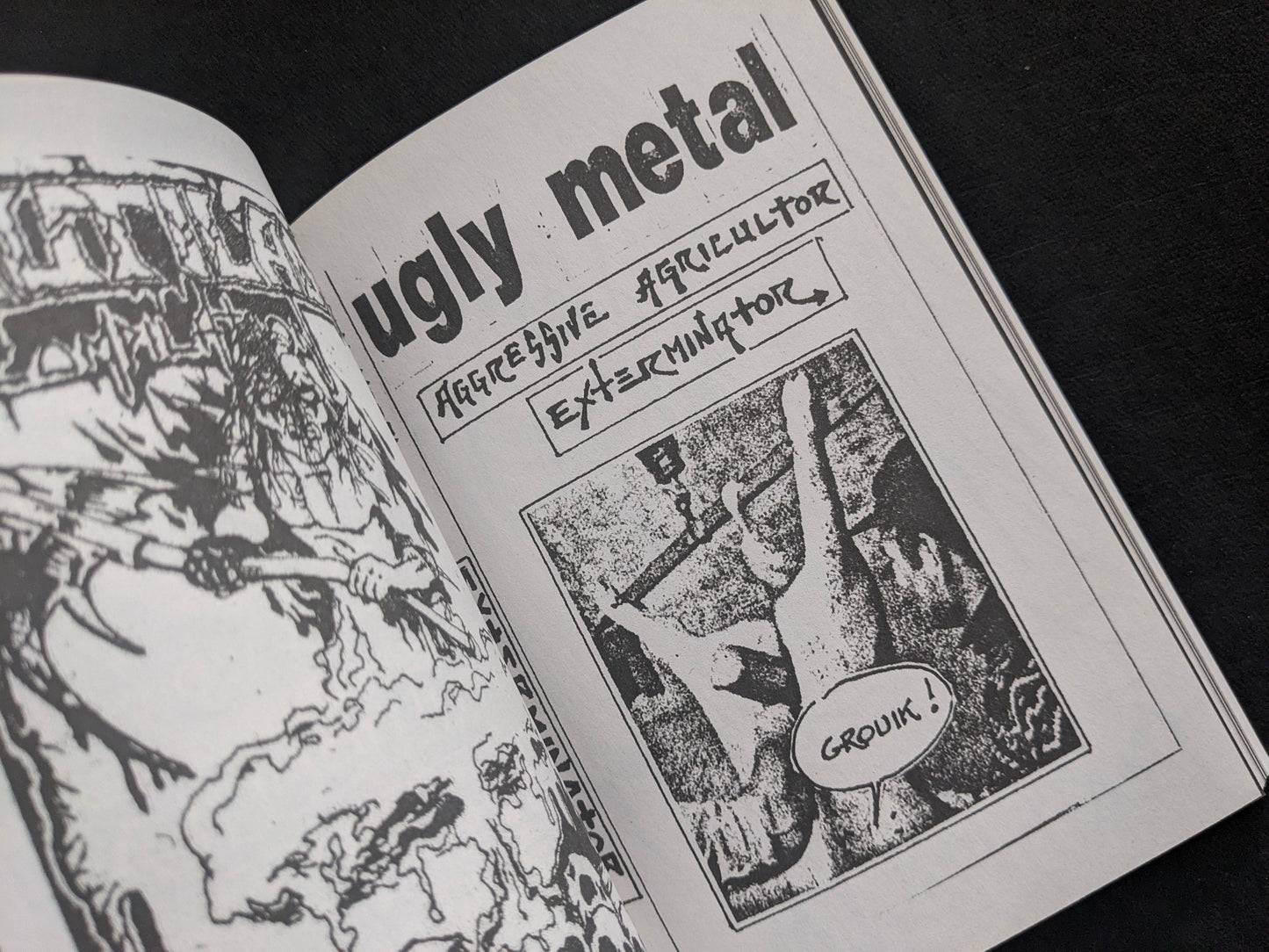Interior spread with an 'ugly metal' headline and photocopied collage panel.