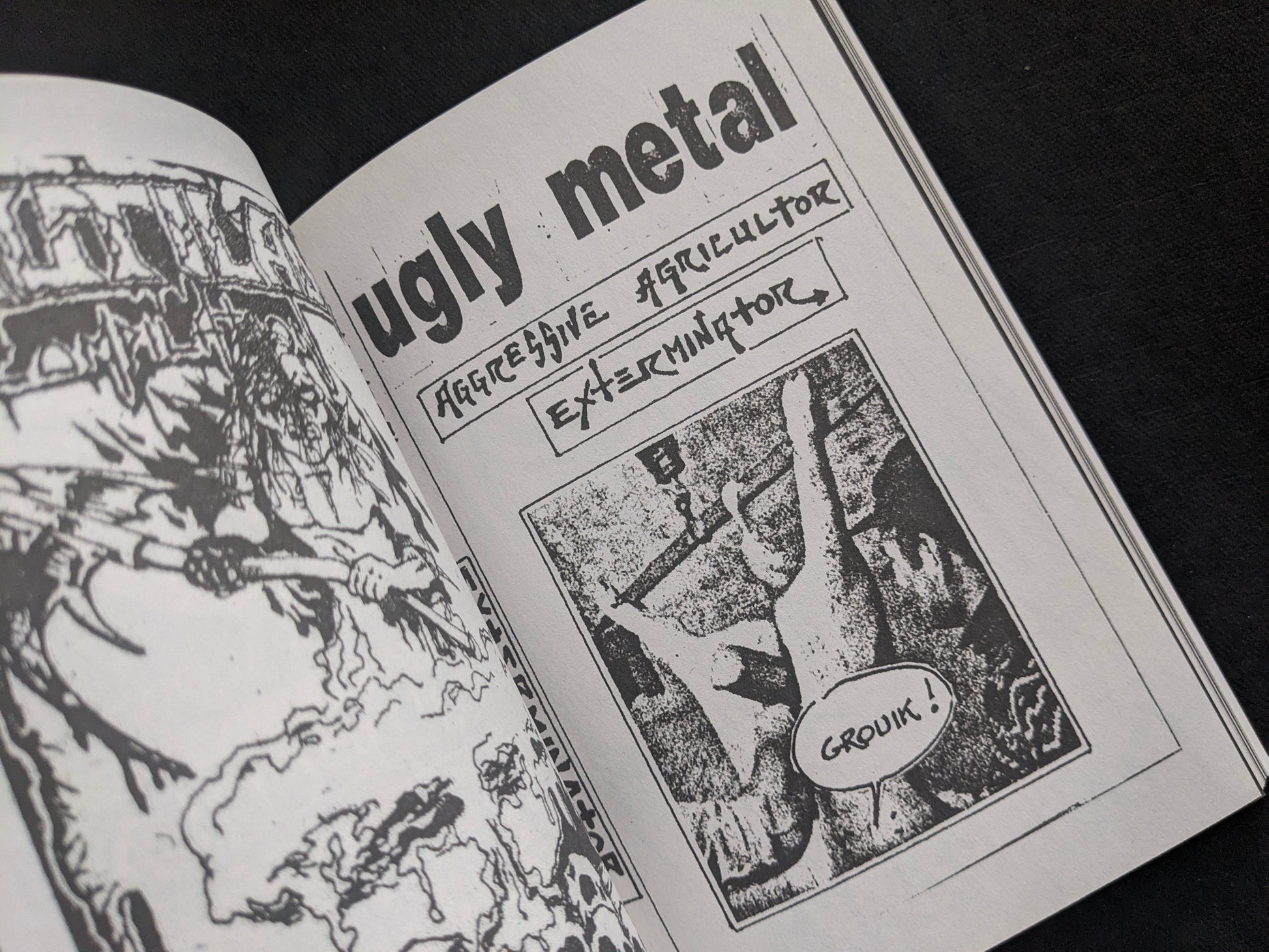 Interior spread with an 'ugly metal' headline and photocopied collage panel.