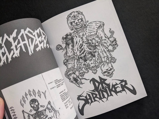 Interior spread from “Death Metal Graphics (1980–2020)”, black-and-white band logos and photocopied artwork.