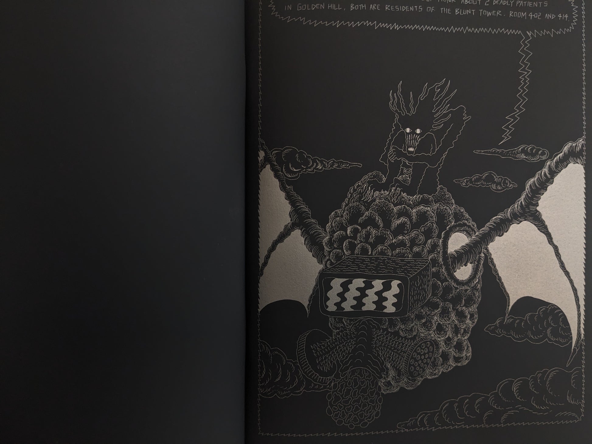 Comic page from Dimensional Flats – grotesque creature riding a winged, organic flying machine