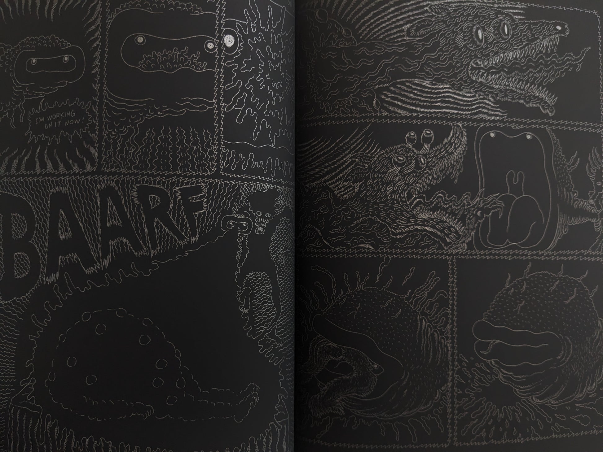 Interior comic spread from Dimensional Flats – bizarre creature transformations and surreal vomiting panel