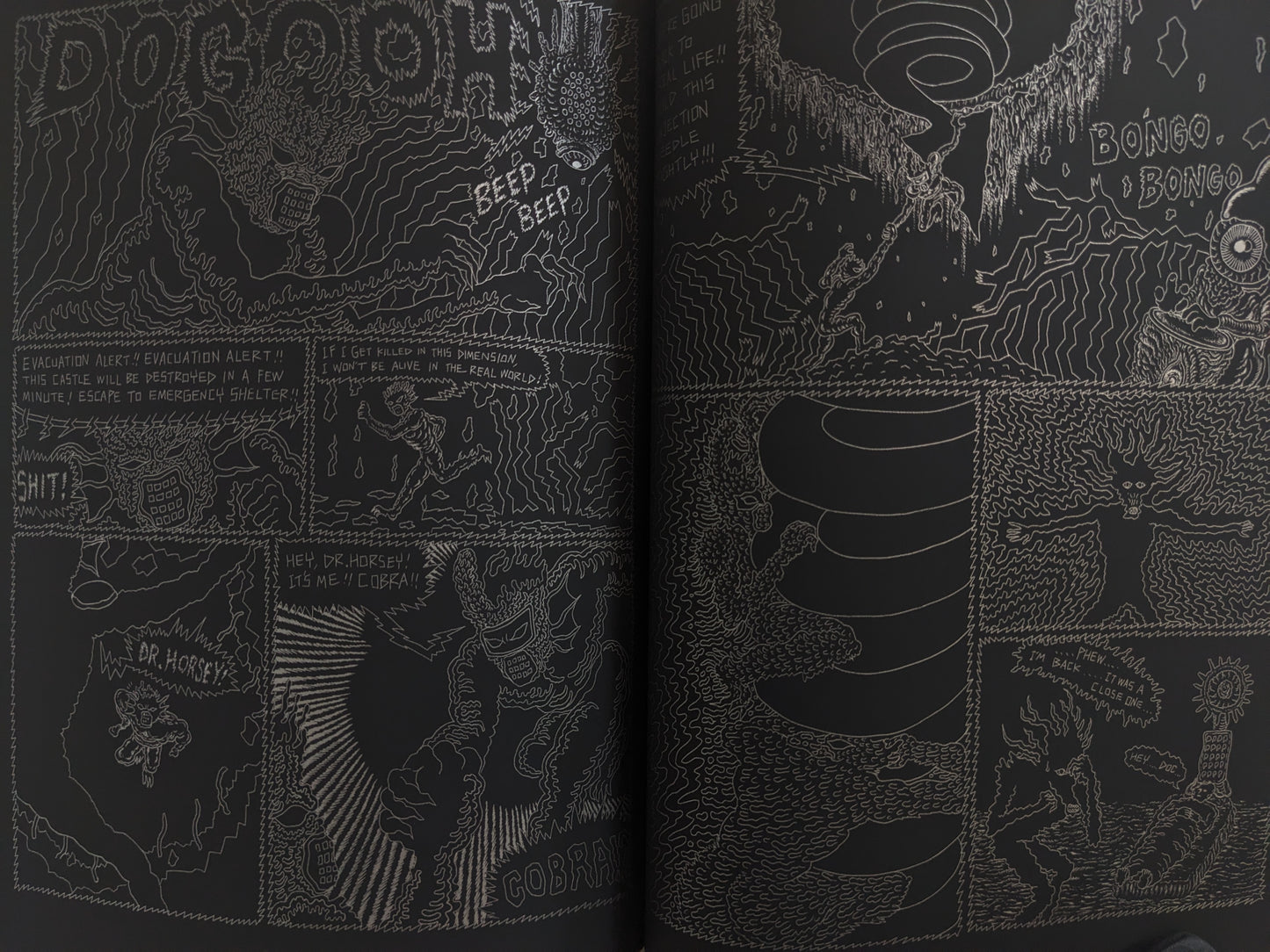 Action spread with evacuation alert, dimensional portals, and mutant emergency scenes.