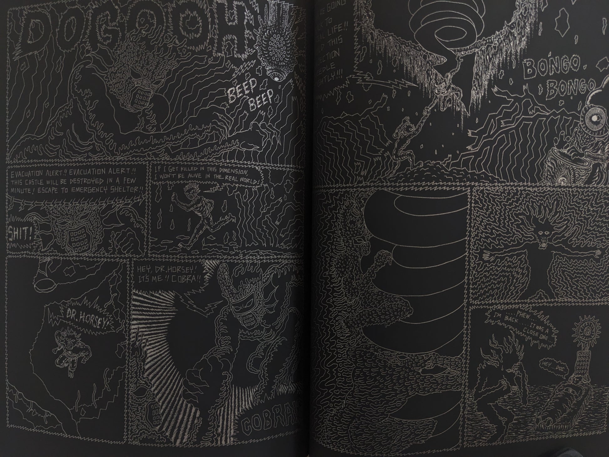 Action spread with evacuation alert, dimensional portals, and mutant emergency scenes.