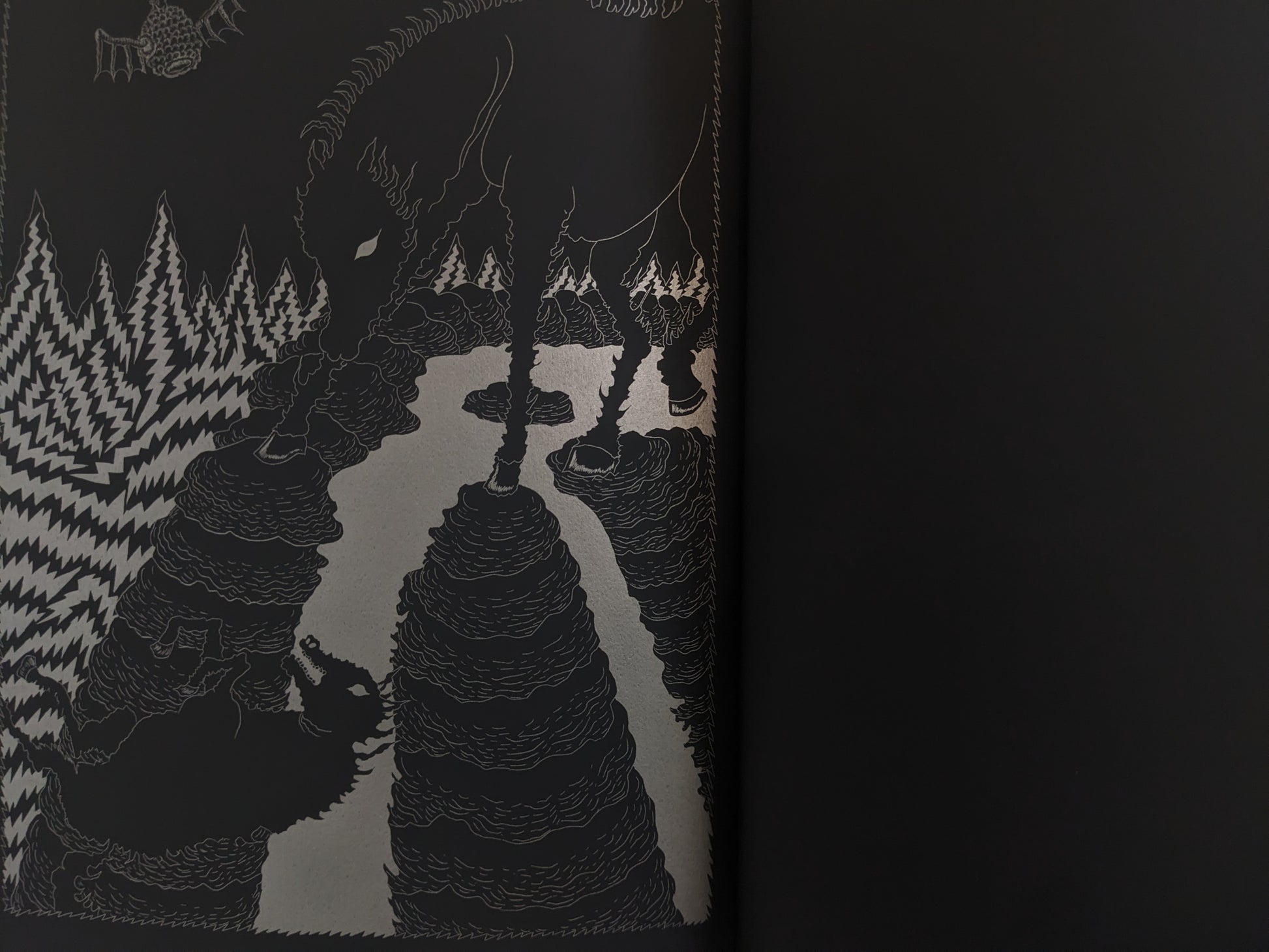 Final page showing a skeletal horse walking through an alien forest of layered terrain.