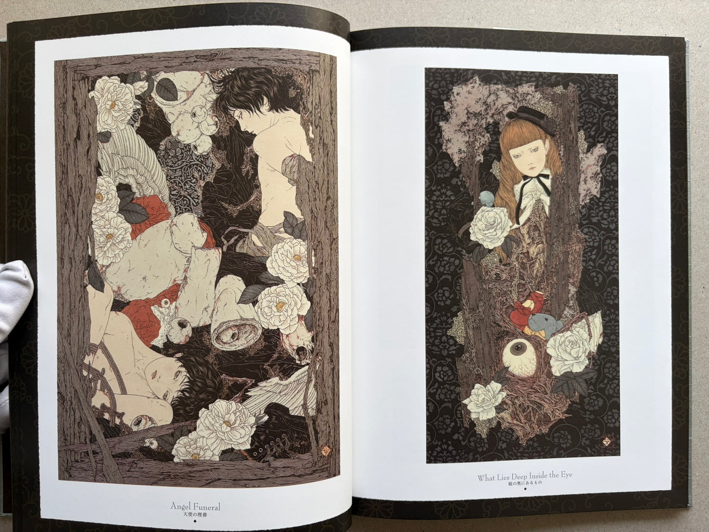 Divertimento for a Martyr – Takato Yamamoto New Black Edition, two illustrated pages with framed figures and flowers