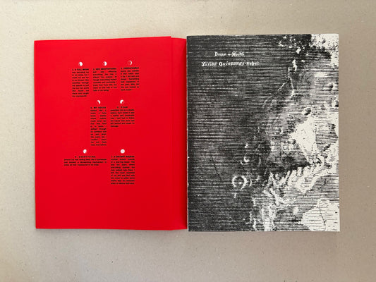 Open spread of Dream Moons by Yurian Quintanas Nobel, showing a red text page on the left and a black-and-white cover or page on the right.