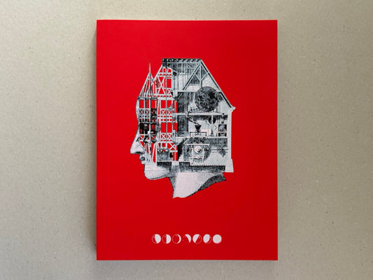 Dream Moons by Yurian Quintanas Nobel, front cover on a red background with a black-and-white collage of a house profile.