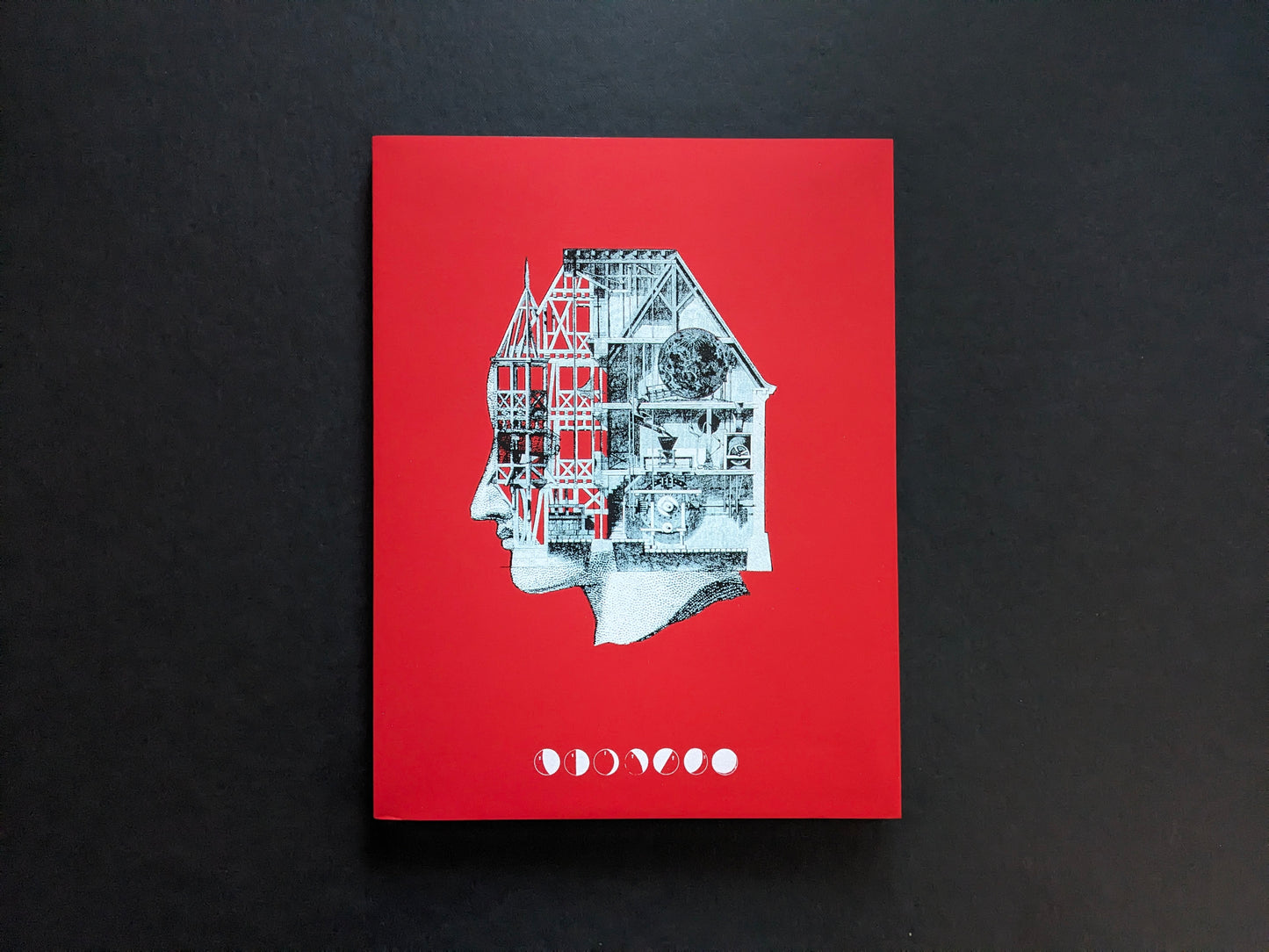 Front cover of “Dream Moons” by Yurian Quintanas Nobel (Void), red cover with a collage profile head and moon-phase symbols.