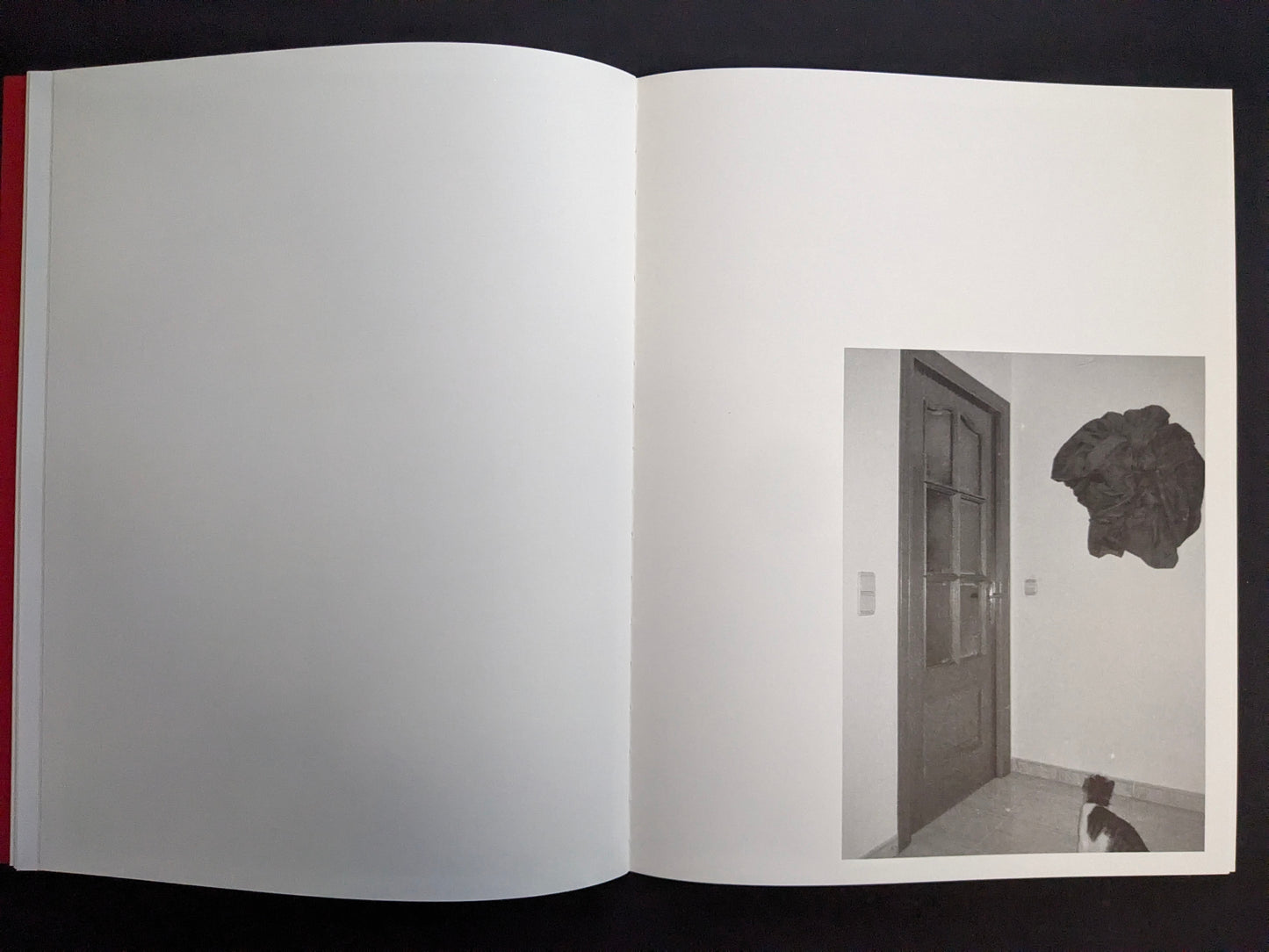 Interior spread with a small monochrome photo of a door and wall with a cat at the bottom edge.