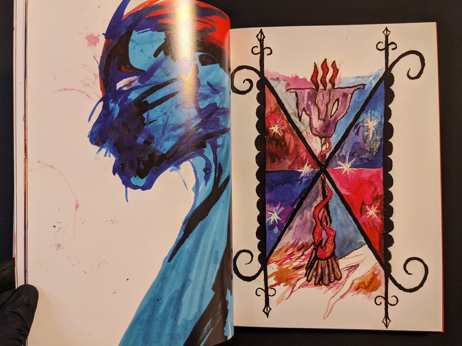 Dynamic blue and red abstract painting with symbolic design from Eidola of Set