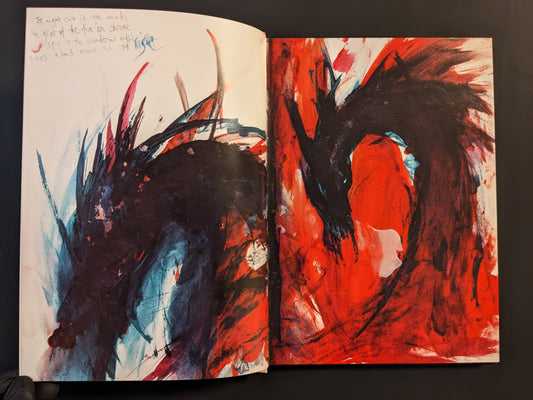 Abstract red and black dragon-like figure artwork in Eidola of Set
