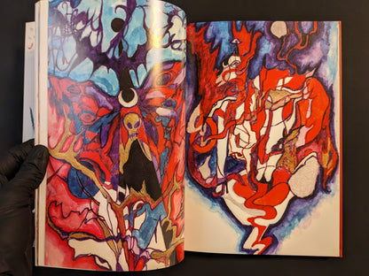 Complex red, blue, and gold abstract artwork with organic shapes