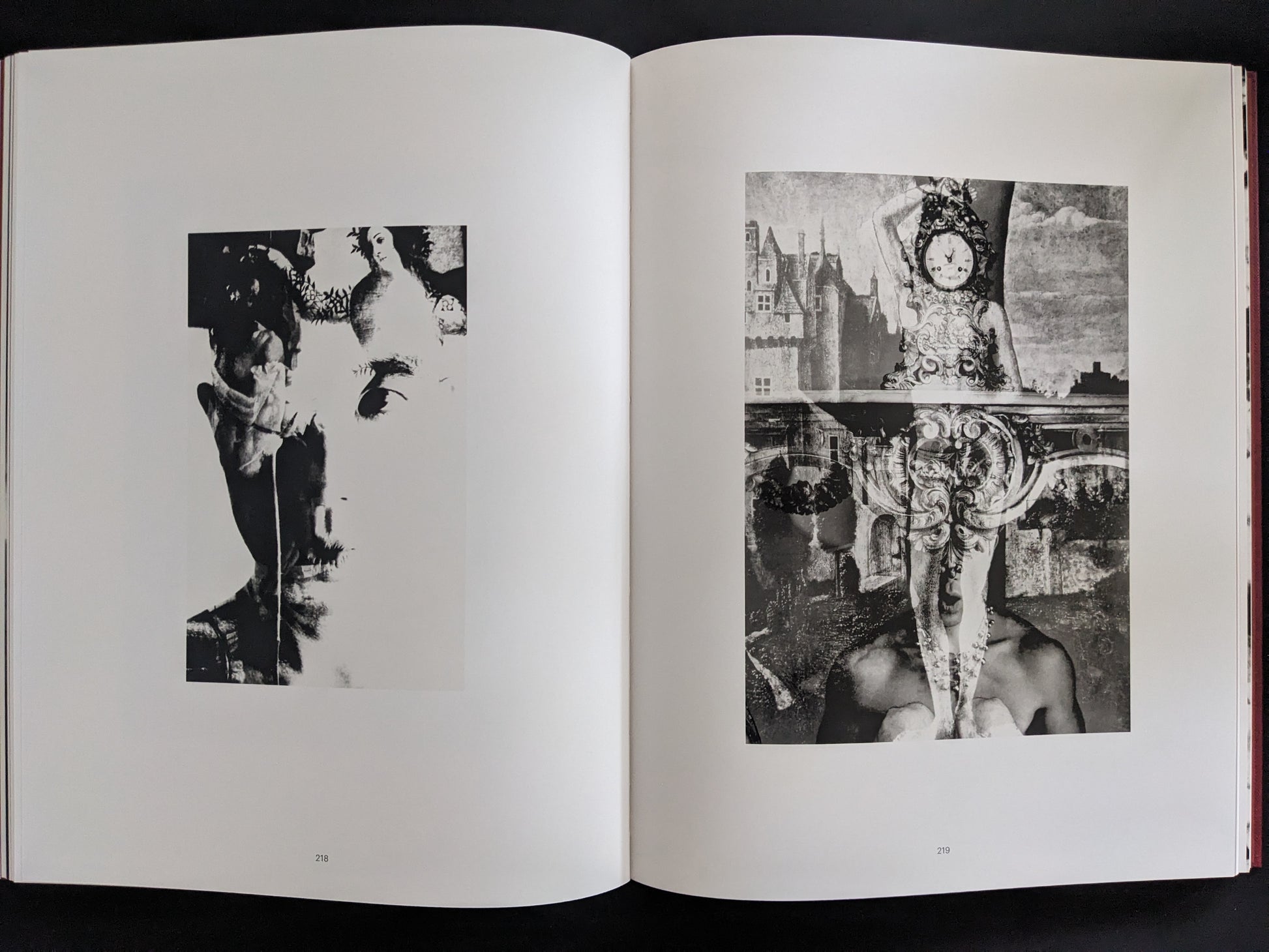 Two surreal photo-collages blending human figures and classical imagery, reflecting Hosoe’s experimental style.
