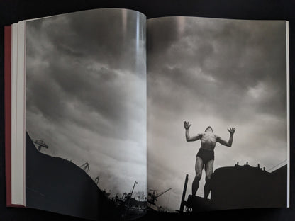 Powerful black-and-white image of a man raising arms against a dramatic industrial skyline