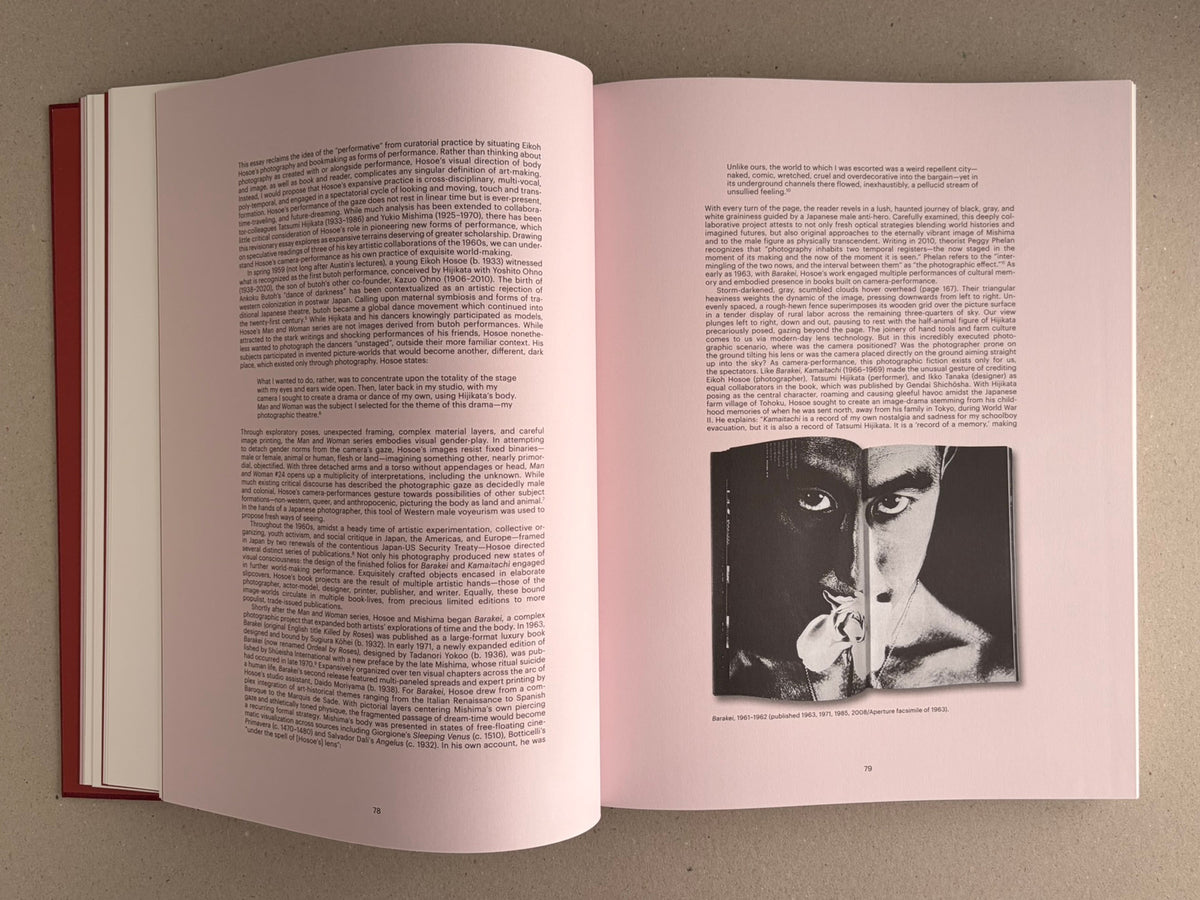 Open spread from Eikoh Hosoe, English edition, showing pages 78–79 with text and a black-and-white reproduction of Barakei on the right page.