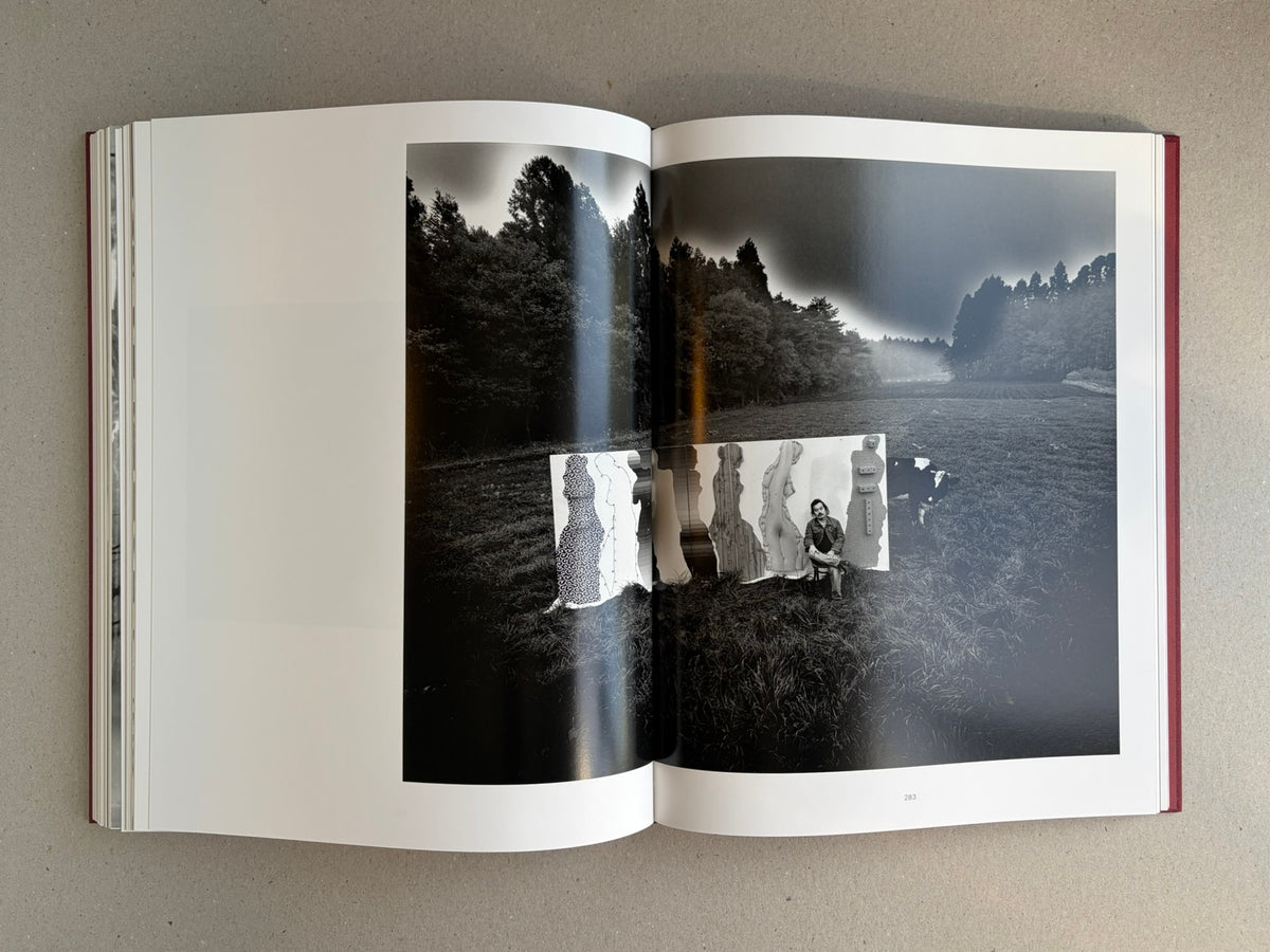 Open spread from Eikoh Hosoe, showing a black-and-white landscape photograph with a smaller collage-like image across the gutter.