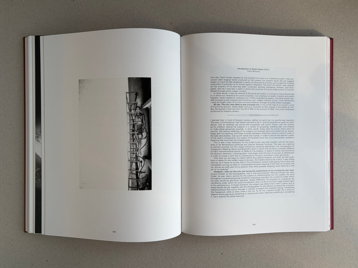 Open spread from Eikoh Hosoe, English edition: a small black-and-white image on the left page and a text page on the right, with page numbers 198 and 199 visible.