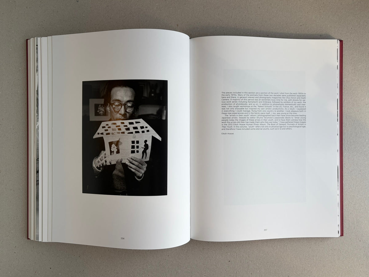 Open spread from Eikoh Hosoe, English edition: a black-and-white portrait on the left page and a text page on the right.