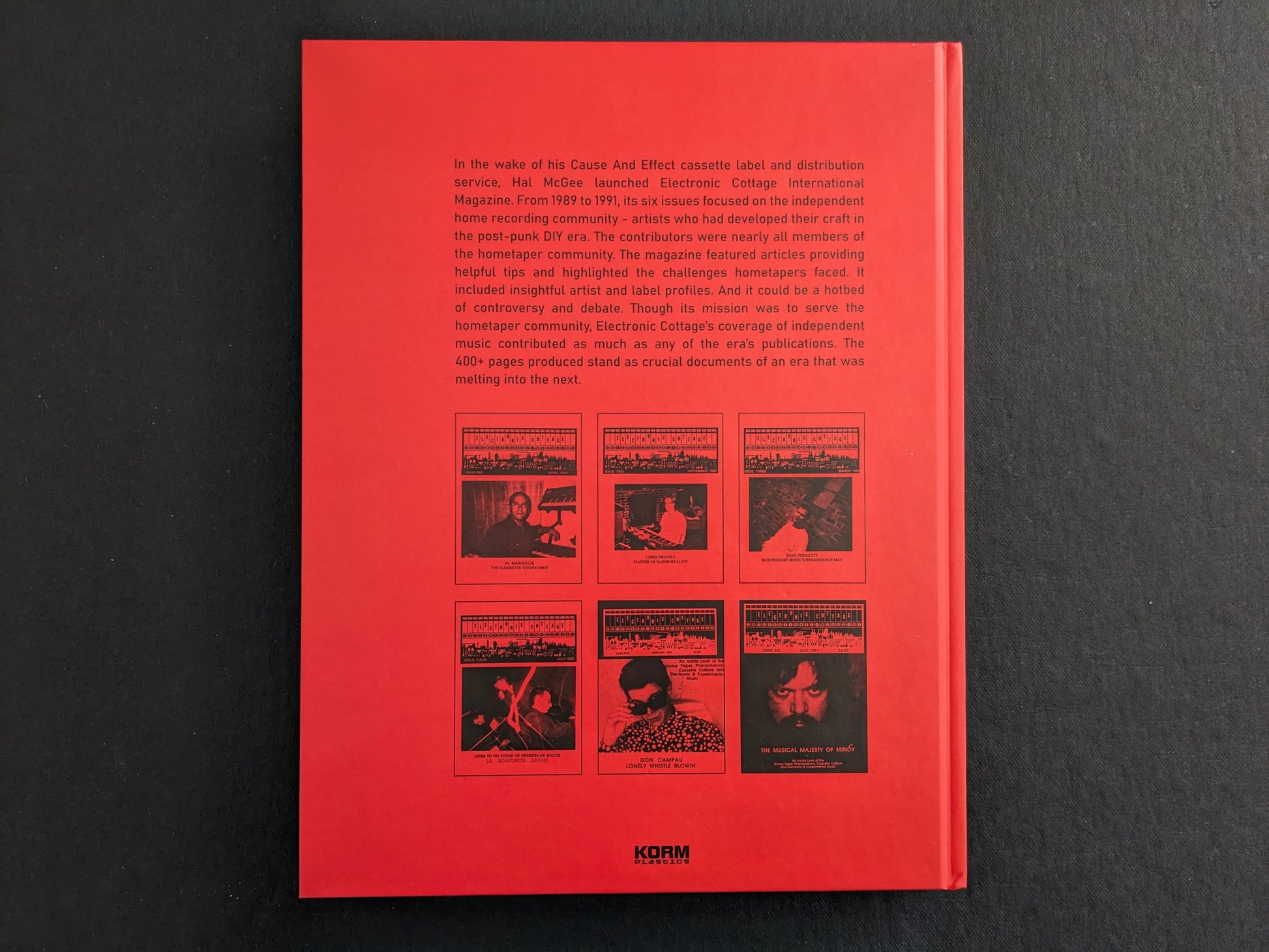 Back cover of Electronic Cottage with summary text about the magazine and small cover thumbnails of the original issues on a red background.