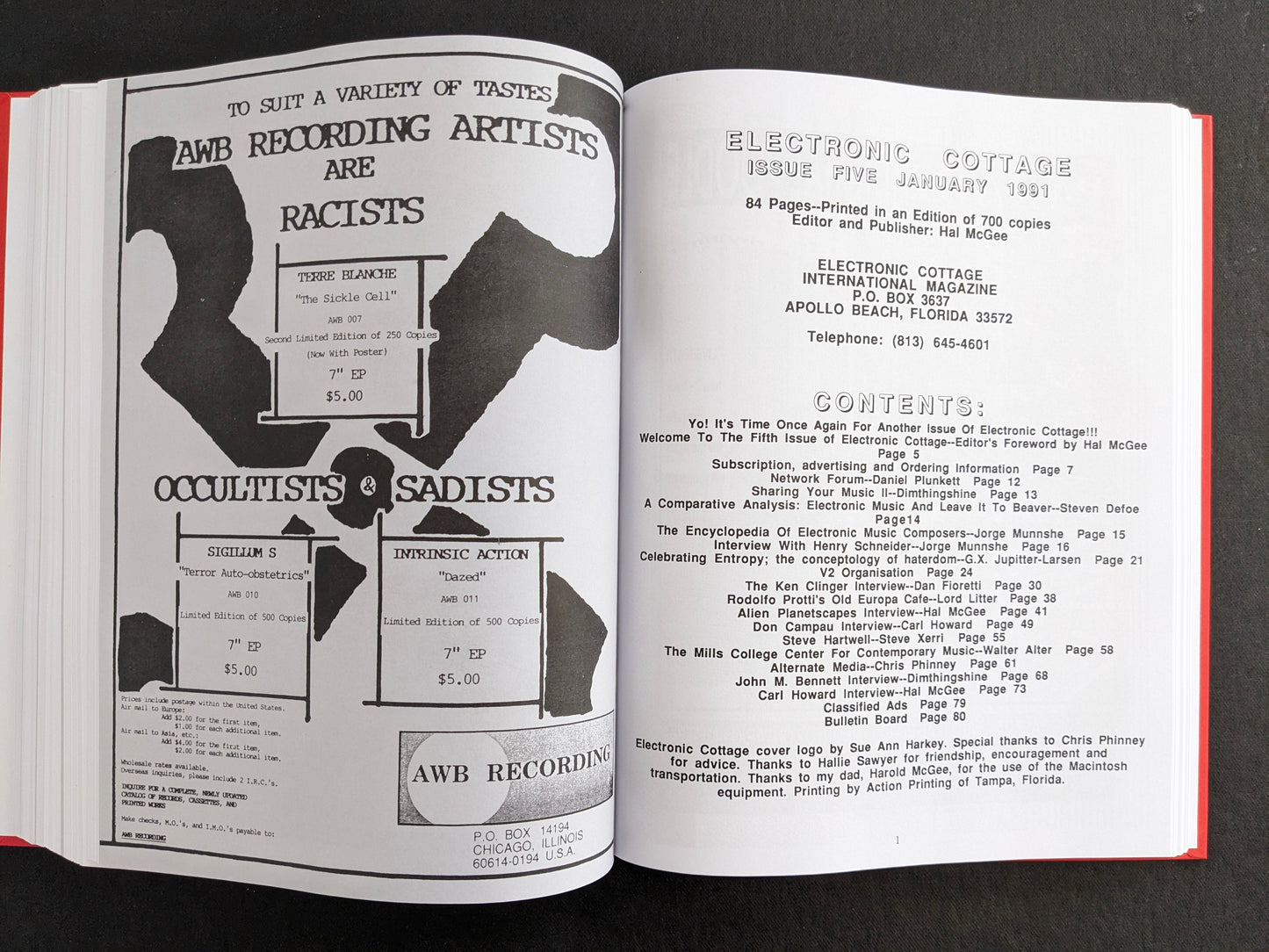 Interior spread with an AWB Recording advertisement on the left and the contents page for an issue of Electronic Cottage on the right.
