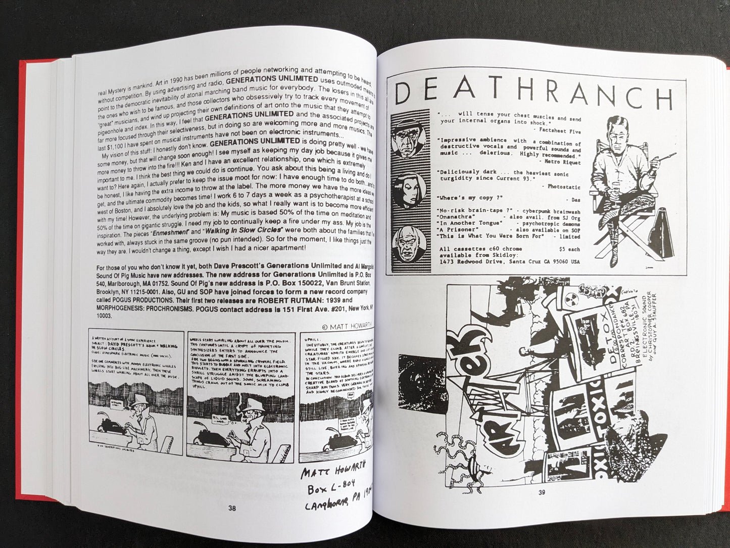 Interior spread with text about Generations Unlimited on the left and a Deathranch advertisement with collage graphics on the right.