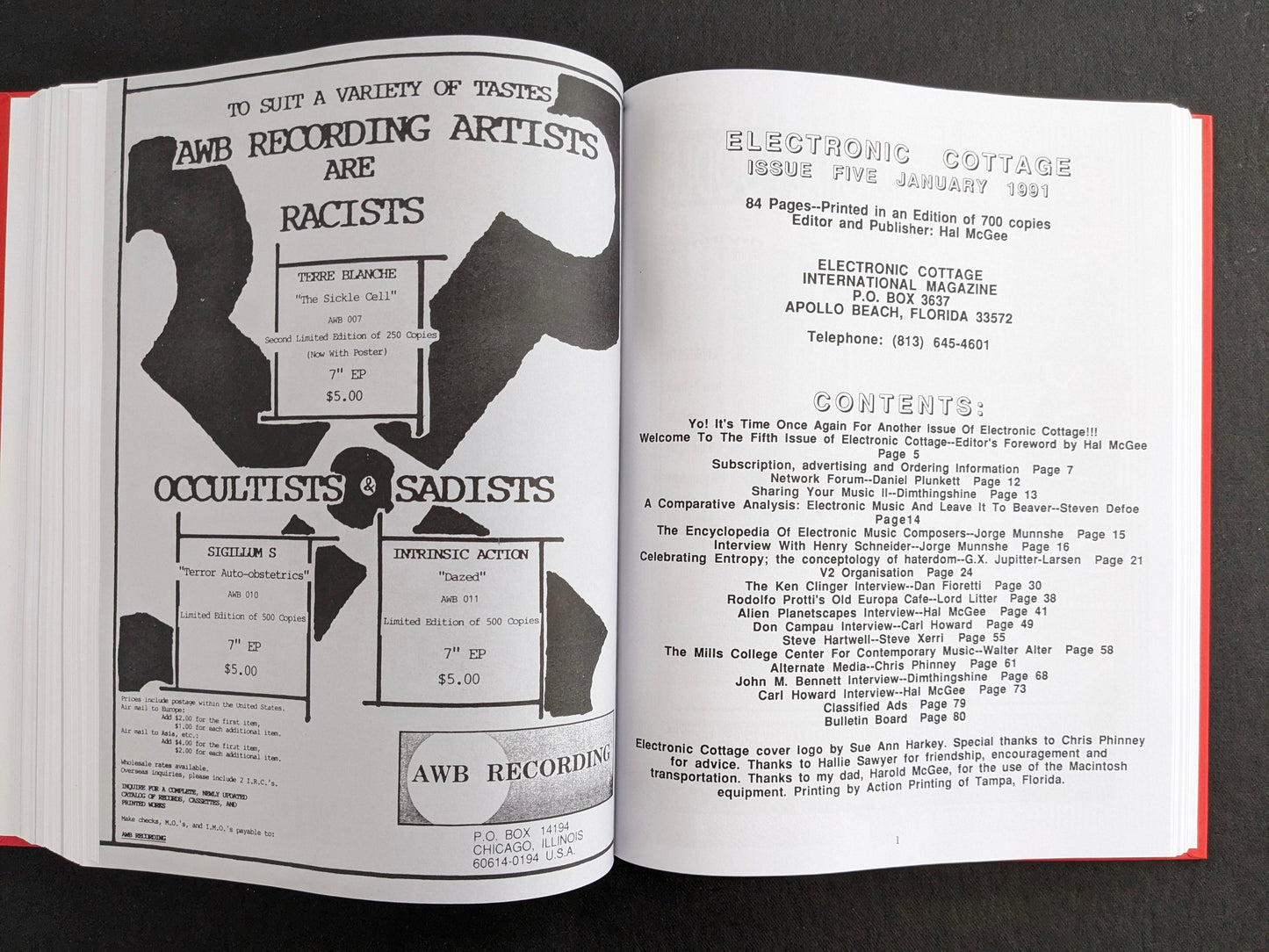 Interior spread with an AWB Recording advertisement on the left and a contents page for Electronic Cottage on the right.