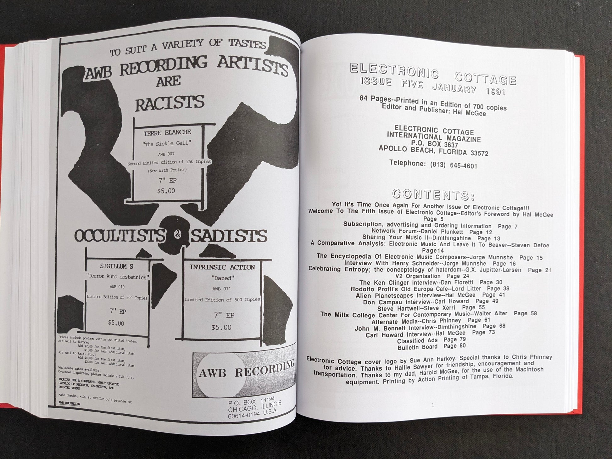 Interior spread with an AWB Recording advertisement on the left and a contents page for Electronic Cottage on the right.