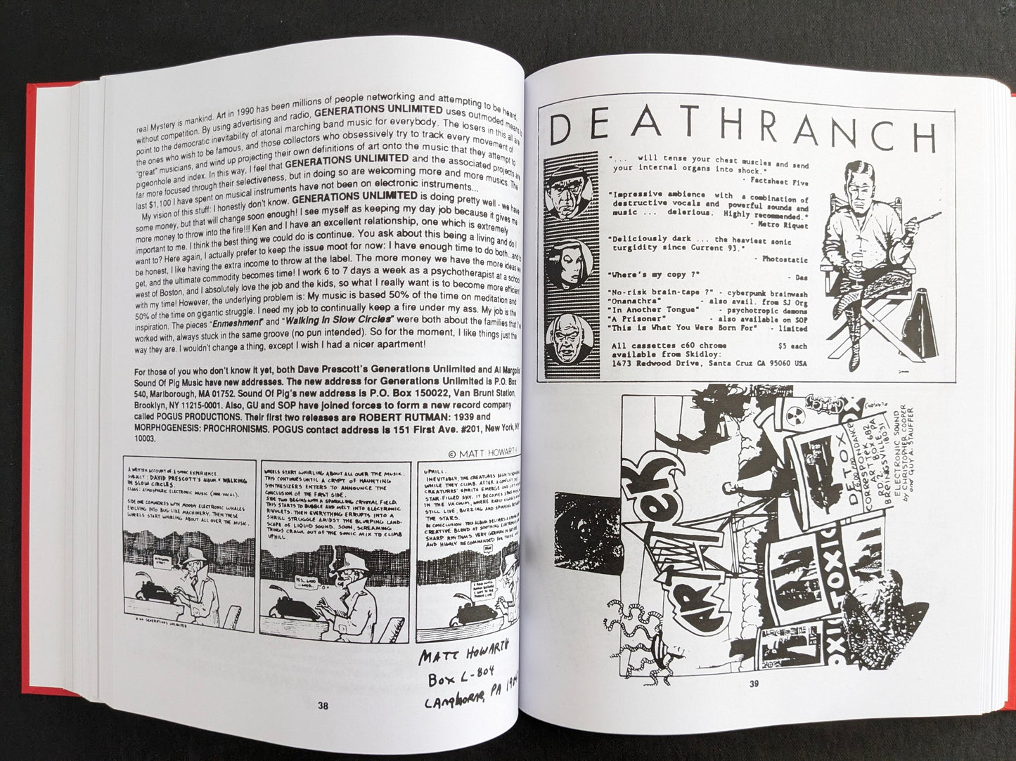 Interior spread with text about Generations Unlimited on the left and a Deathranch advertisement on the right.