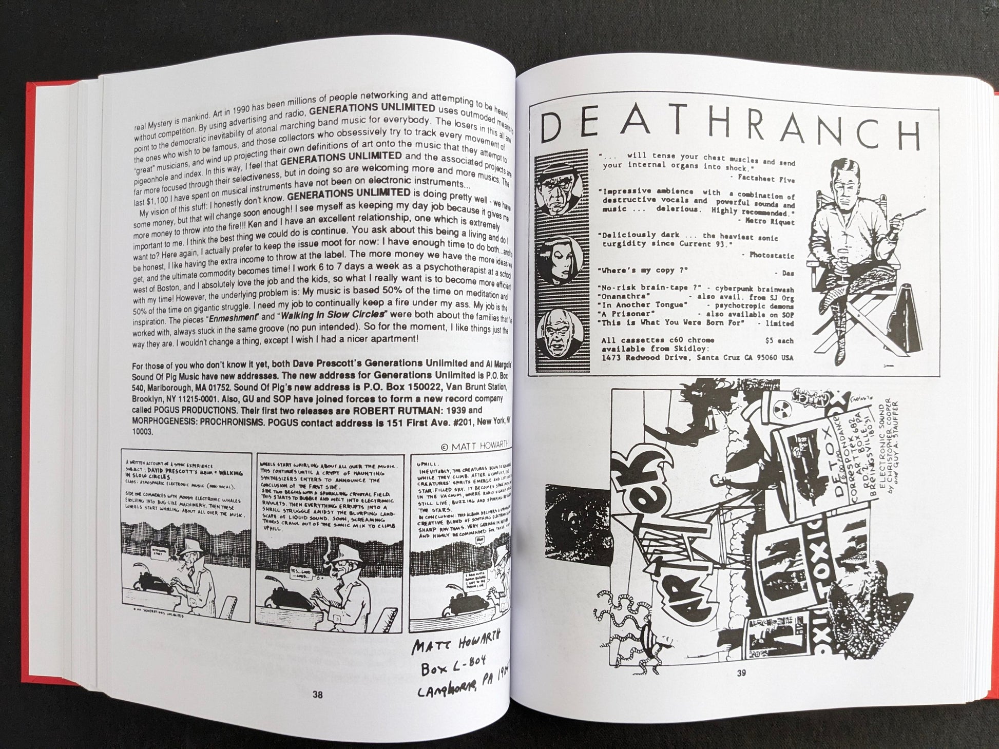 Interior spread with text about Generations Unlimited on the left and a Deathranch advertisement on the right.