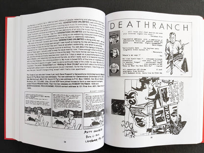 Interior spread with text about Generations Unlimited on the left and a Deathranch advertisement on the right.