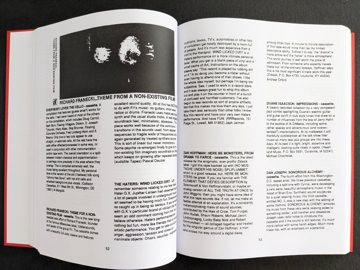Interior spread of cassette and experimental music review pages in Electronic Cottage.