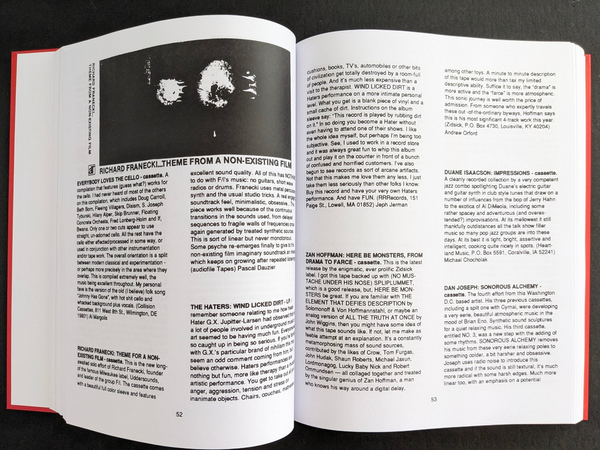 Interior spread of cassette and experimental music review pages in Electronic Cottage.