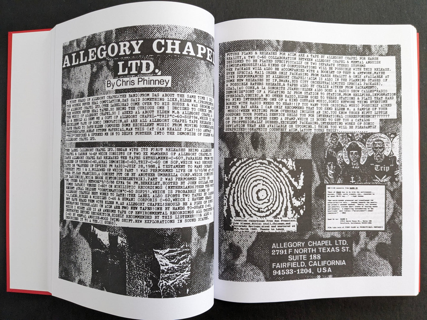 Interior spread with a feature on Allegory Chapel Ltd. by Chris Phinney, including dense text and cassette label graphics.