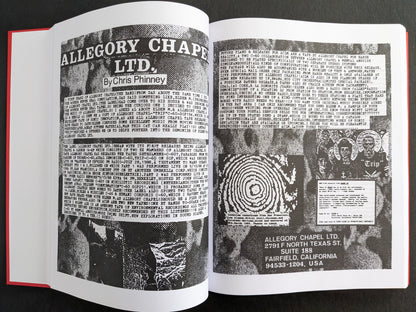 Interior spread with a feature on Allegory Chapel Ltd. by Chris Phinney, including dense text and cassette label graphics.