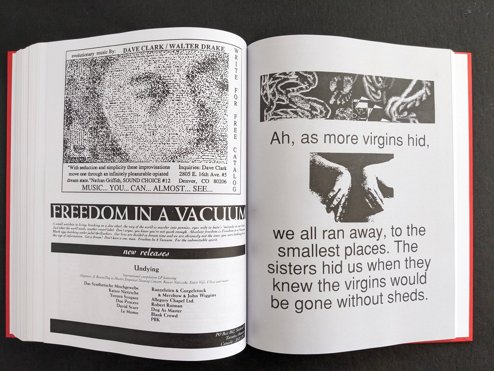 Interior spread with a Freedom in a Vacuum advertisement on the left and a large-text visual poem on the right.